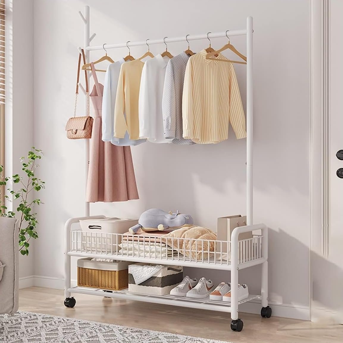 Lukzer | MGR-002 | White | Metal Cloth Stand & Garment Rack with Wheels, 2 Bottom Shelves & Single Rod – Space-Saving Clothes Organizer for Bedroom, Laundry, Entryway & More | 173 x 90 x 34 cm