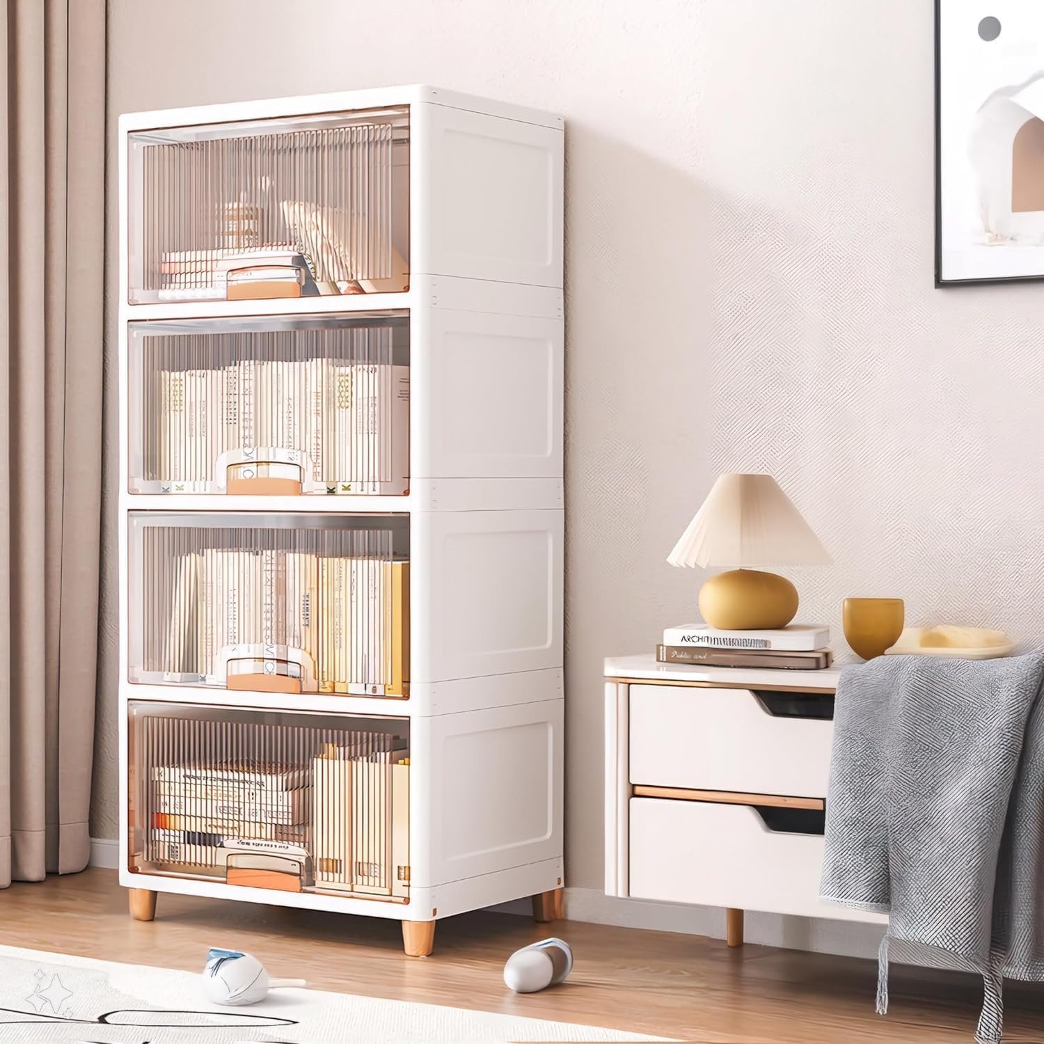 JD FRESH 4 Tier Foldable Plastic Rack for Storage/Kitchen Cupboard/Versatile and Sturdy Wardrobe for Clothes/Multipurpose Storage Organizer/Closet for Bedroom/Living Room/Laundry Room (Transparent)